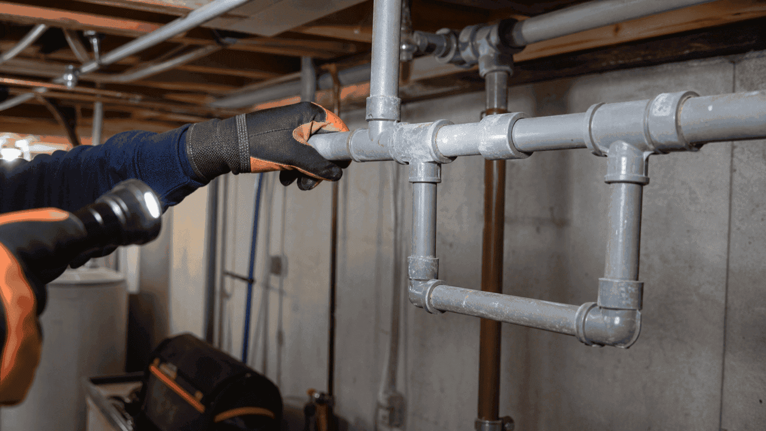 Plumber reviewing plumbing lines in a Delaware home