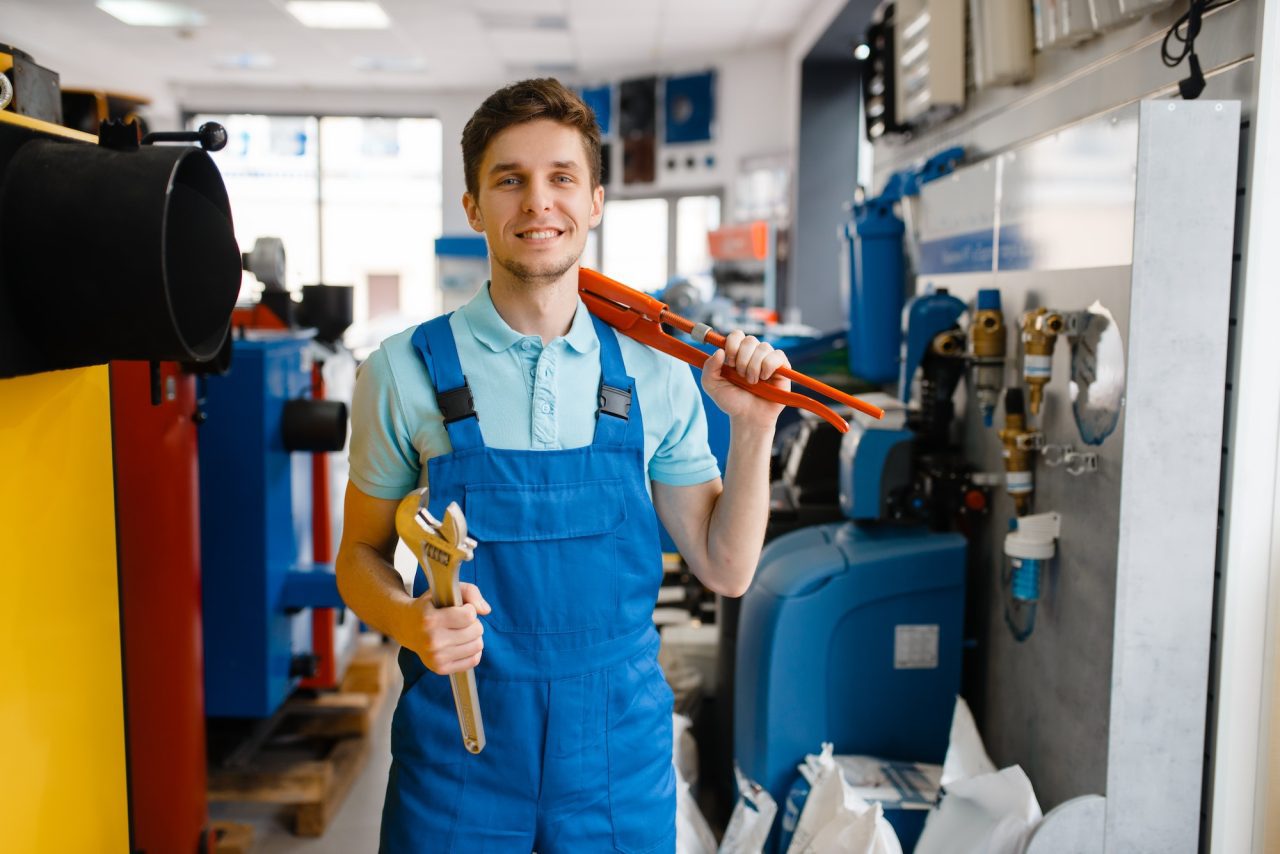 Plumber with pipe wrenches in store